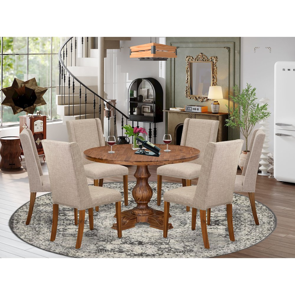 7-Piece Dining Table A Wooden Table And 6 Light Tan Linen Fabric Dining Chair. Picture 2