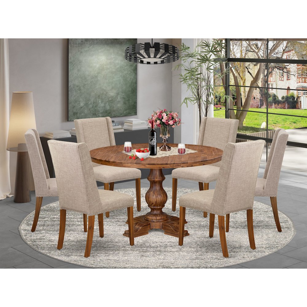 7-Piece Modern Dining A Dinning Table And 6 Light Tan Linen Fabric Modern Chairs. Picture 2