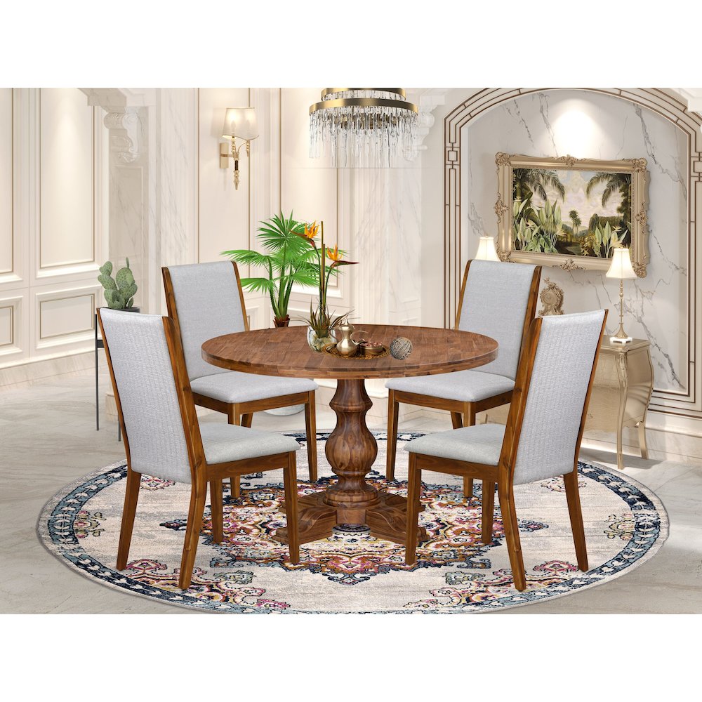 5-Pc Kitchen Table Set A Pedestal Wooden Table, 4 Grey Fabric Dining Chairs. Picture 2