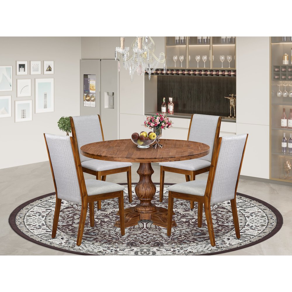 5-Pc Dining Table Set A Pedestal Dinner Table, 4 Grey Linen Fabric Parson Chairs. Picture 2