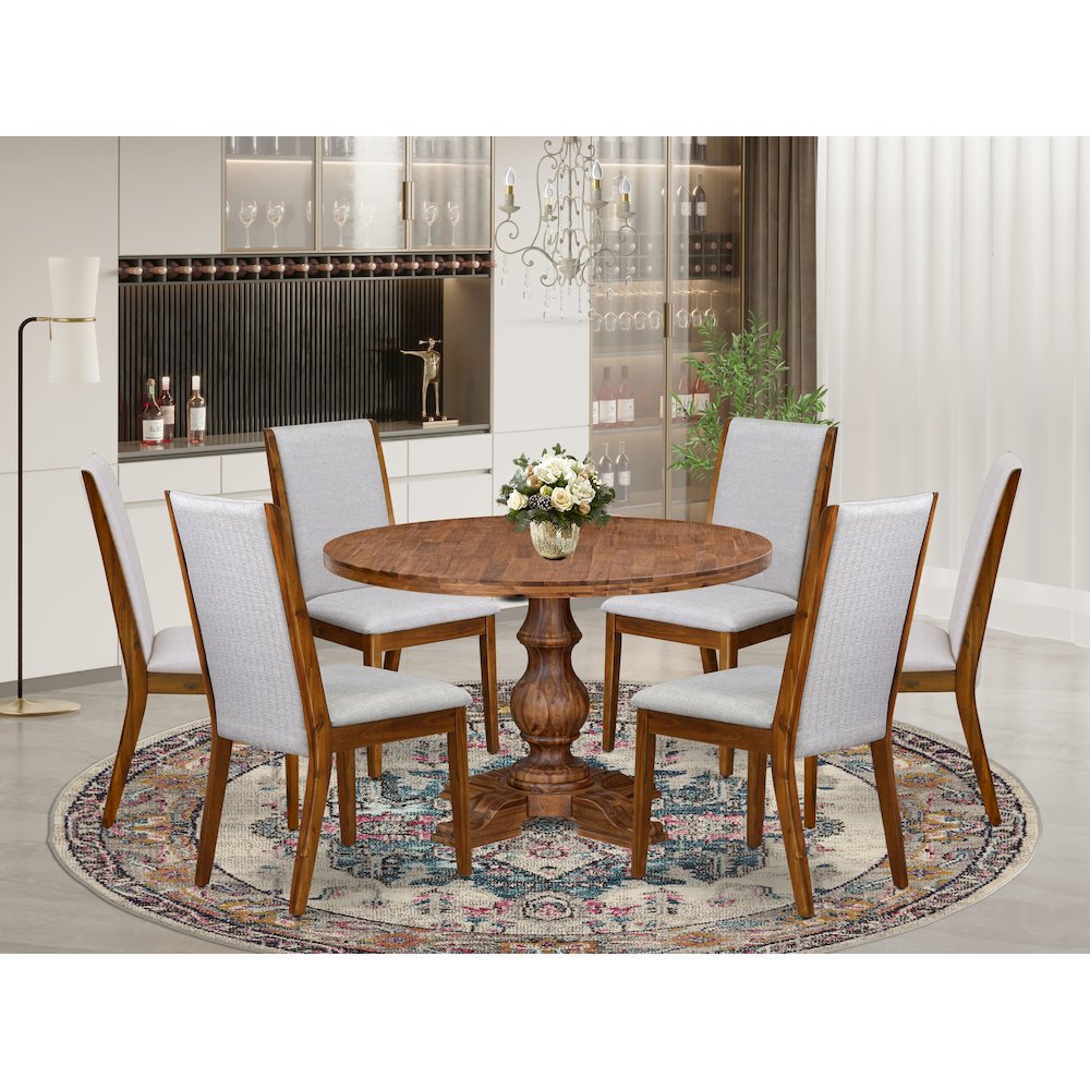 7-Pc Modern Dining Set Of A Pedestal Dining Table, 6 Grey Fabric Parson Chairs. Picture 2