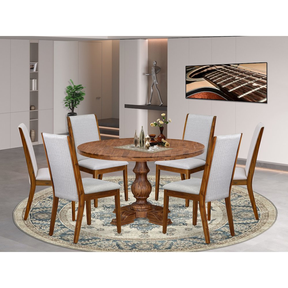 7-Pc Kitchen Table Set Of A Pedestal Kitchen Table, 6 Grey Fabric Dining Chairs. Picture 2