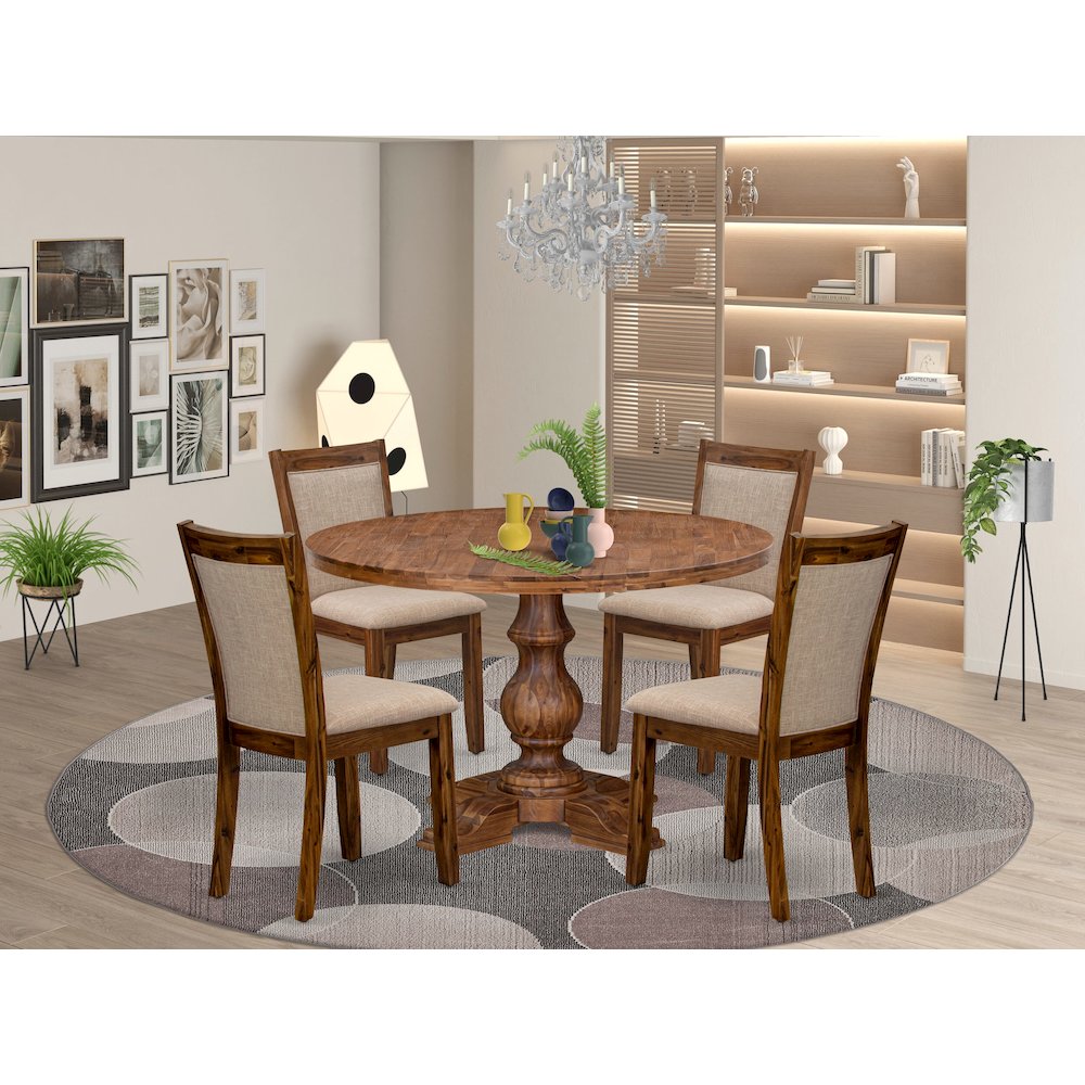 5-Pc Kitchen Set A Pedestal Breakfast Table, 4 Light Tan Fabric Dining Chairs. Picture 2