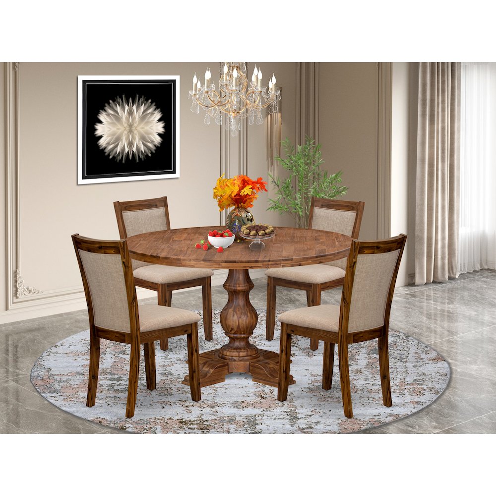 5-Pc Mid-Century Kitchen Set A Pedestal Table, 4 Light Tan Fabric Kitchen Chairs. Picture 2