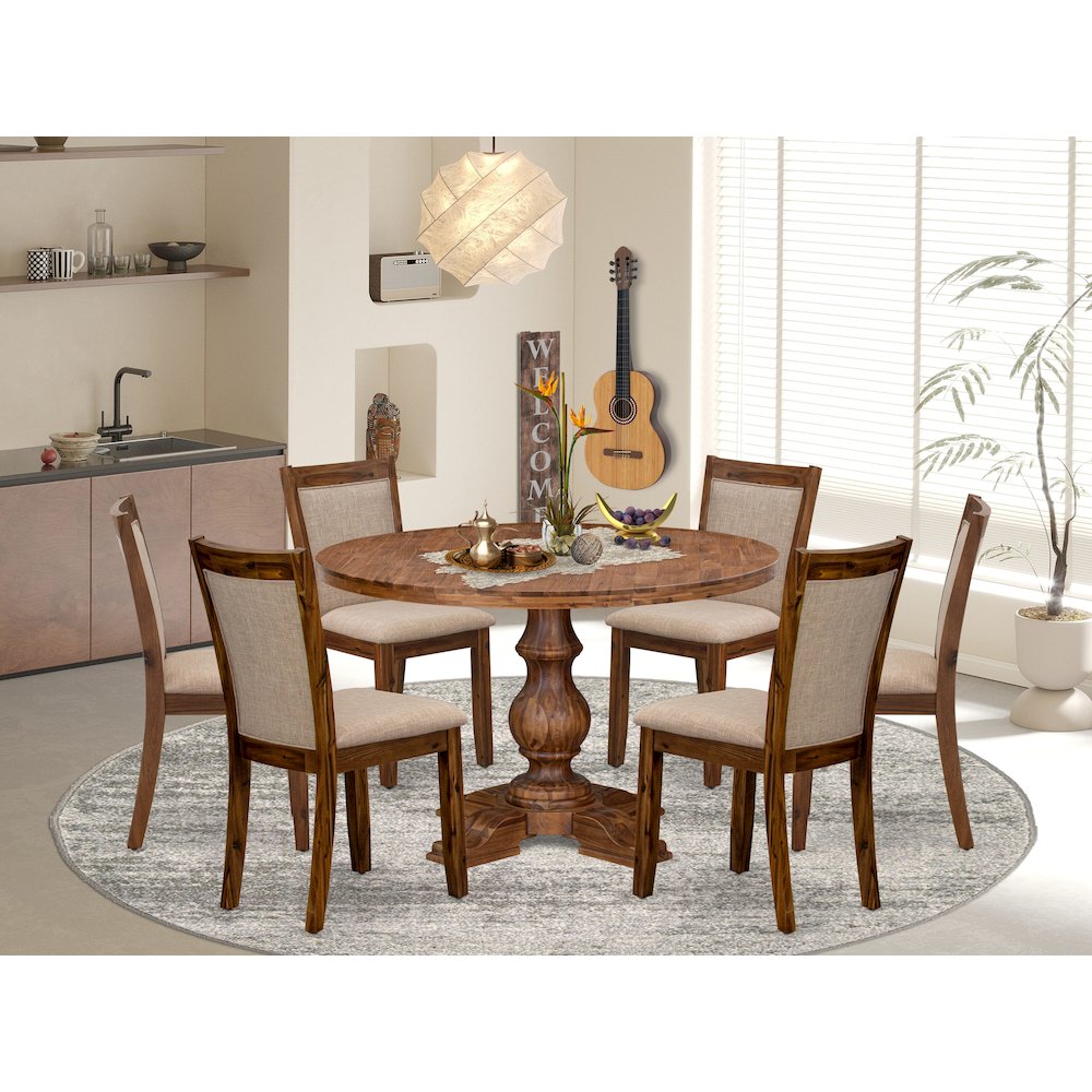 7-Pc Mid-Century Dining Set Of A Pedestal Table, 6 Light Tan Kitchen Chairs. Picture 2