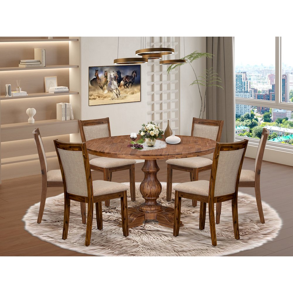 7-Pc Modern Dining Set Of A Pedestal Dinner Table, 6 Light Tan Dinner Chairs. Picture 2