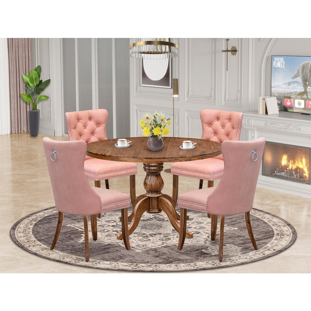 5-Pc Mid Century Dining Set Consist A Wood Table And 4 Beige Red Padded Chairs. Picture 2