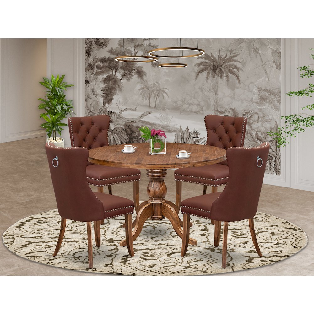 5-Pc Mid Century Table Set Consist A Wood Dining Table And 4 Burgundy Chairs. Picture 2