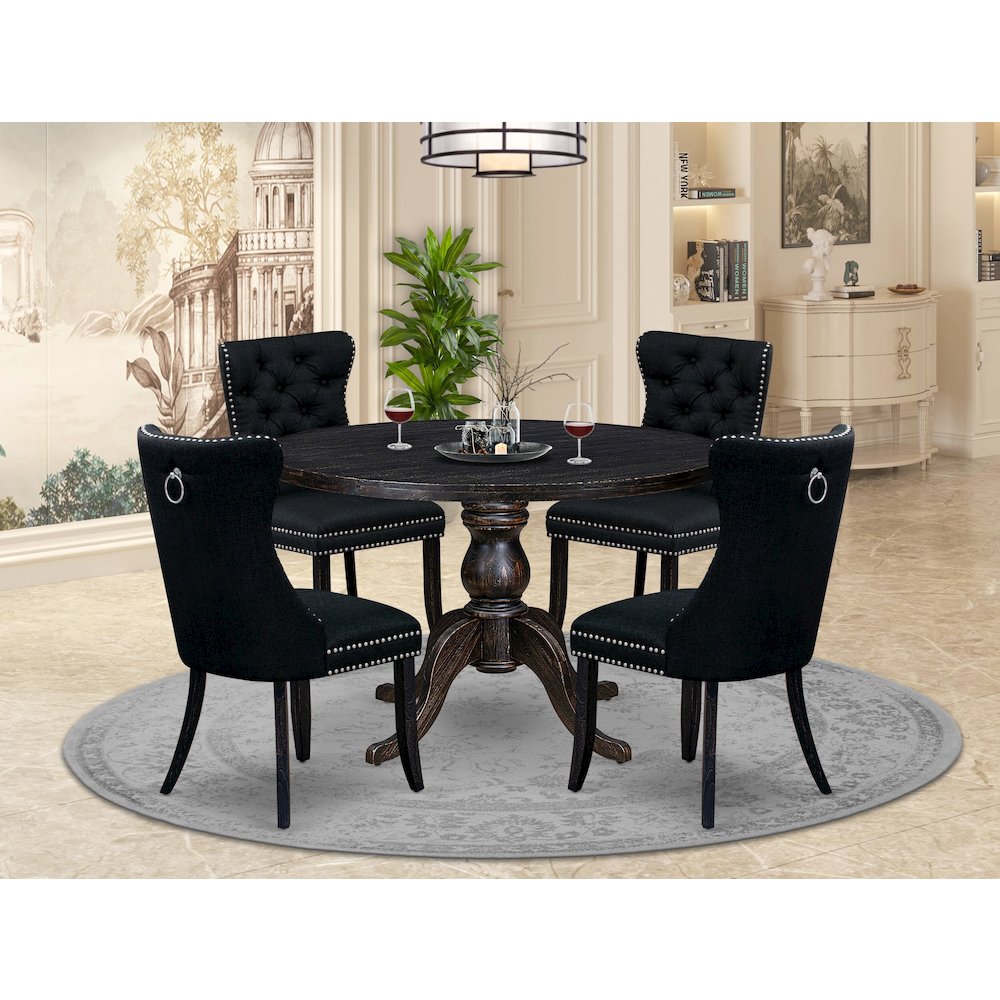 5-Pc Kitchen Table Set A Parson Table, 4 Black Linen Fabric Kitchen Chairs. Picture 2