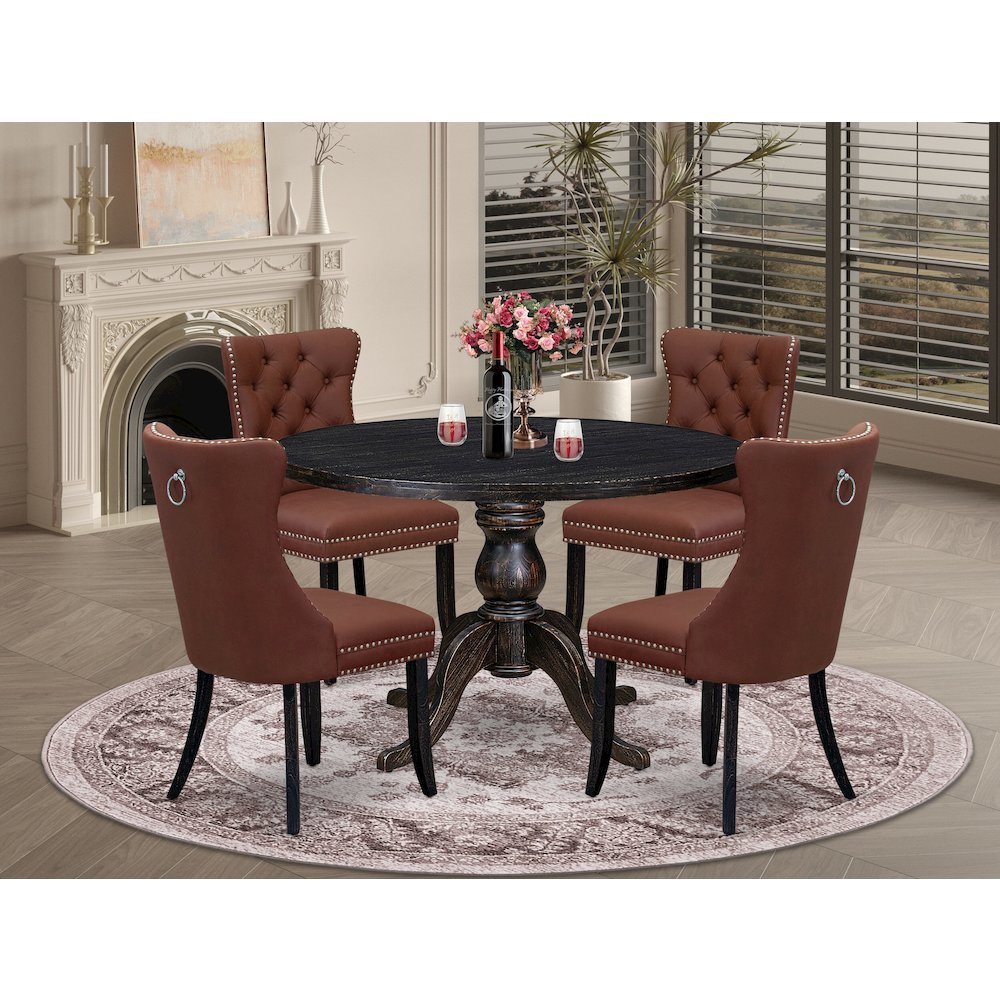 5 Piece Dining Table Set Includes 48" Round Table In Burgandy Color. Picture 2