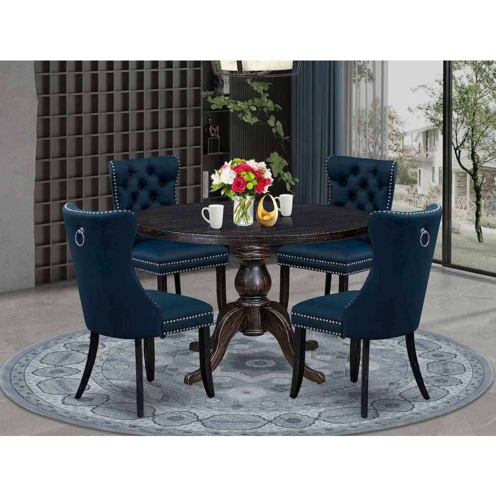 5 Piece Dining Table Set Includes 48" Round Table In Navy Blue Color. Picture 2
