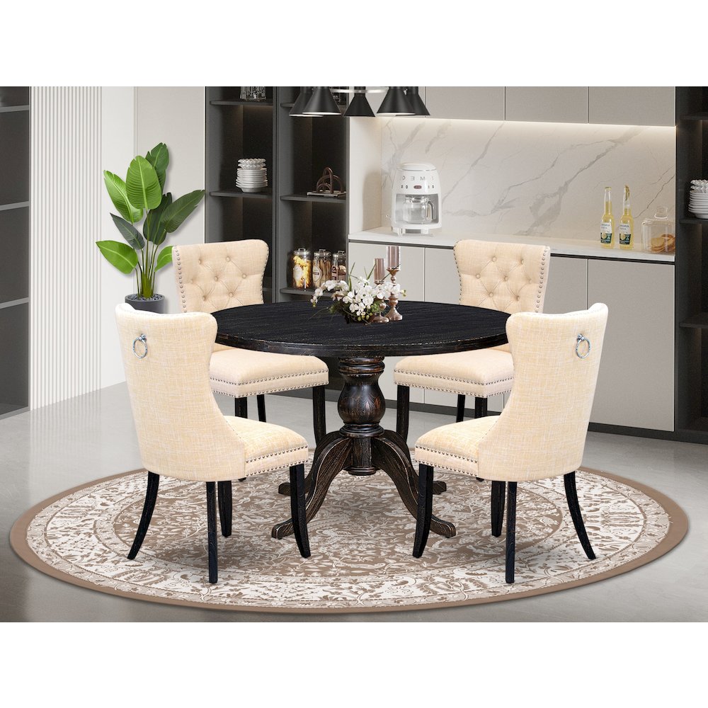 5-Pc Dining Room Set Of A Wood Table, 4 Light Beige Linen Fabric Dining Chair. Picture 2