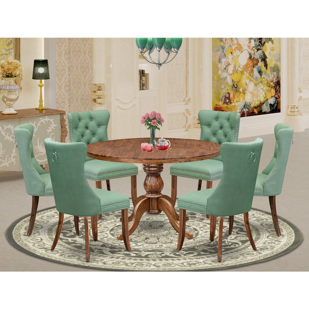 7-Pc Dining Set Contain A Mid Century Table, 6 Willow Green Upholstered Chairs. Picture 2