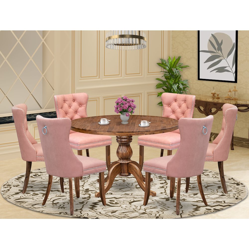 7-Pc Mid Century Dining Set Contain A Table And 6 Beige Red Upholstered Chairs. Picture 2
