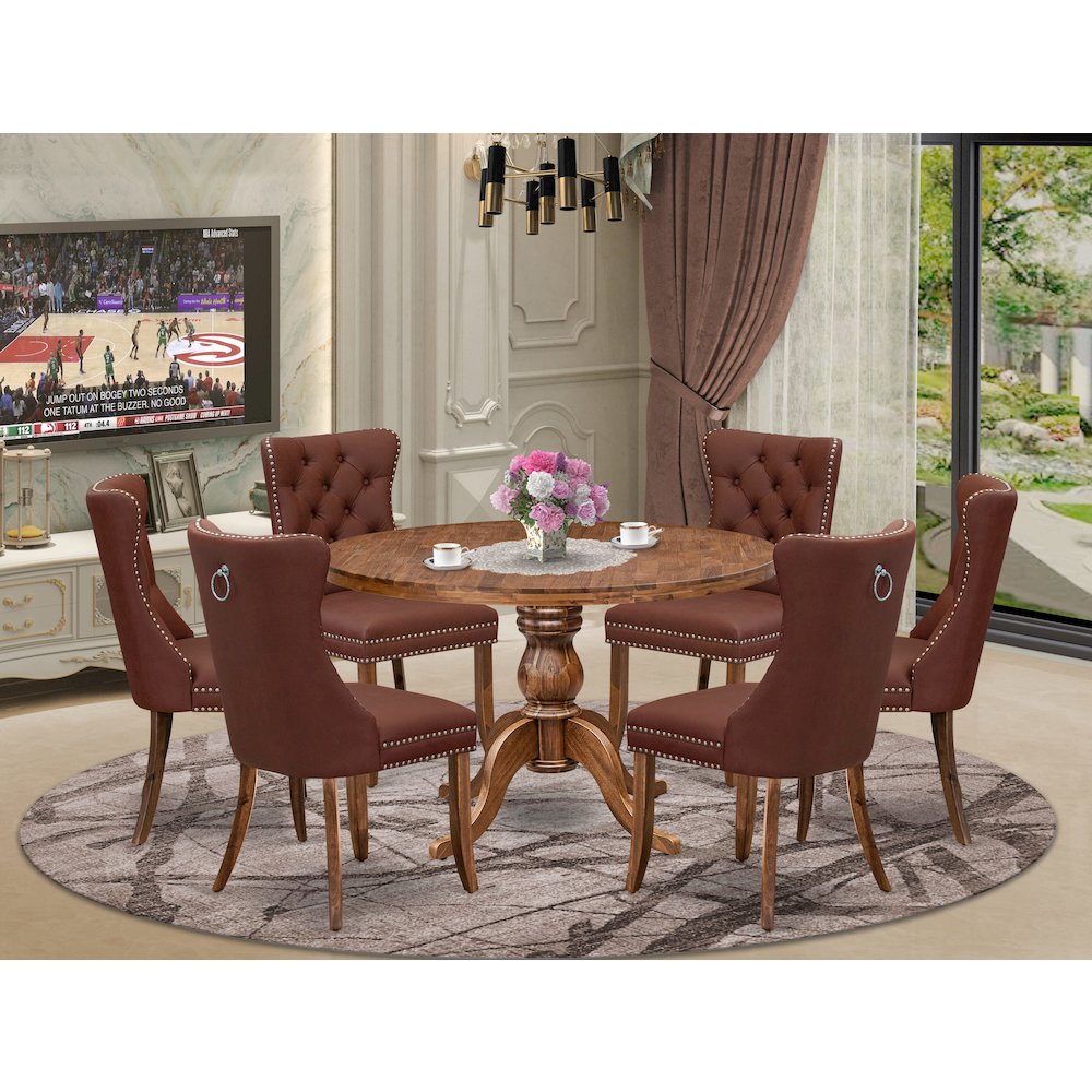 7-Pc Dinner Table Set Contain A Mid Century Dining Table And 6 Burgundy Chairs. Picture 2