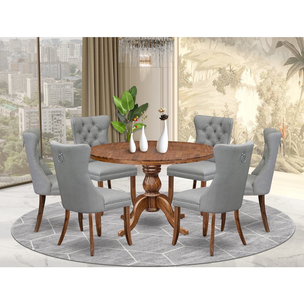 7-Pc Dining Set Contain A Mid Century Dining Table And 6 Light Gray Chairs. Picture 2