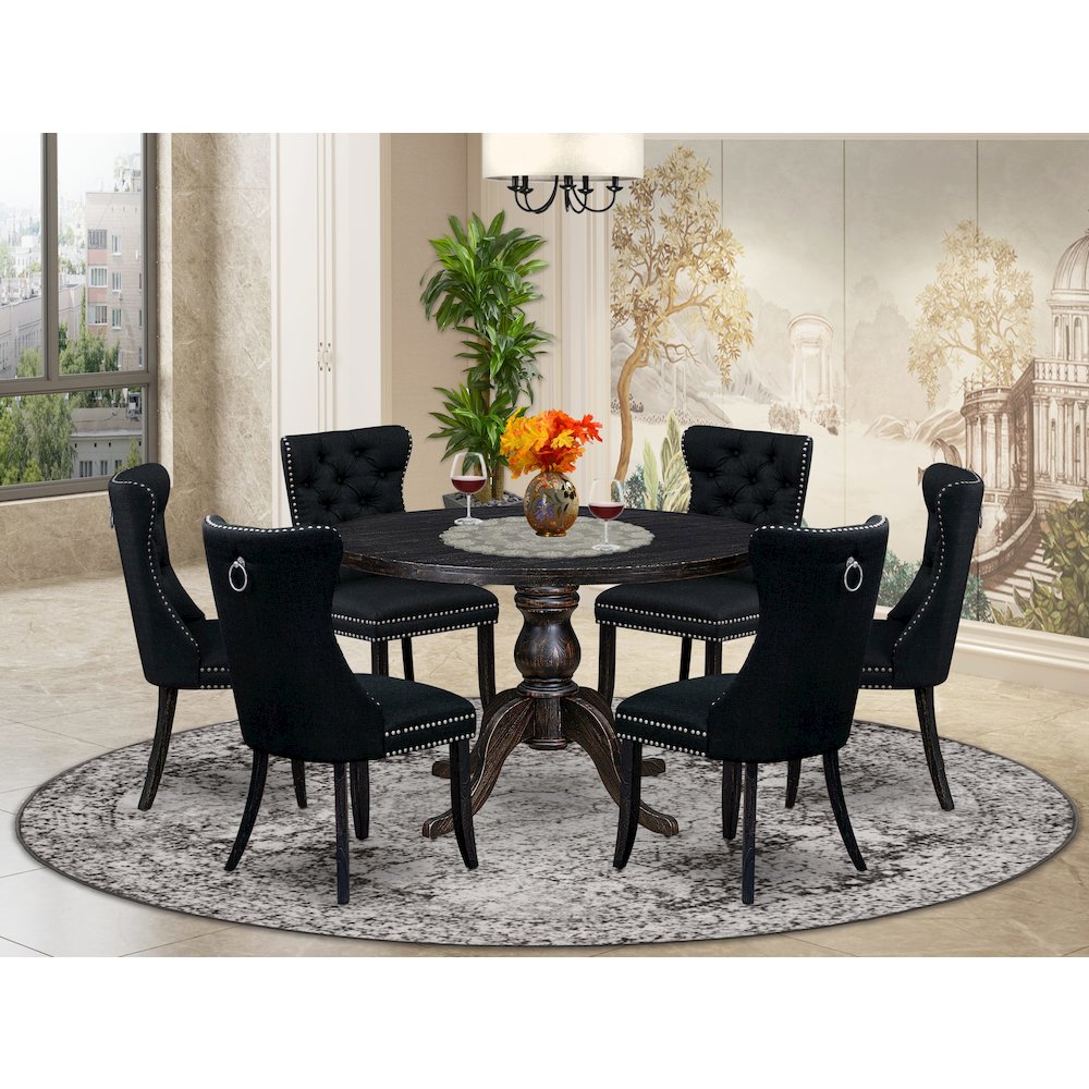 7-Piece Dining A Dinning Table And 6 Black Linen Fabric Dining Chair. Picture 2