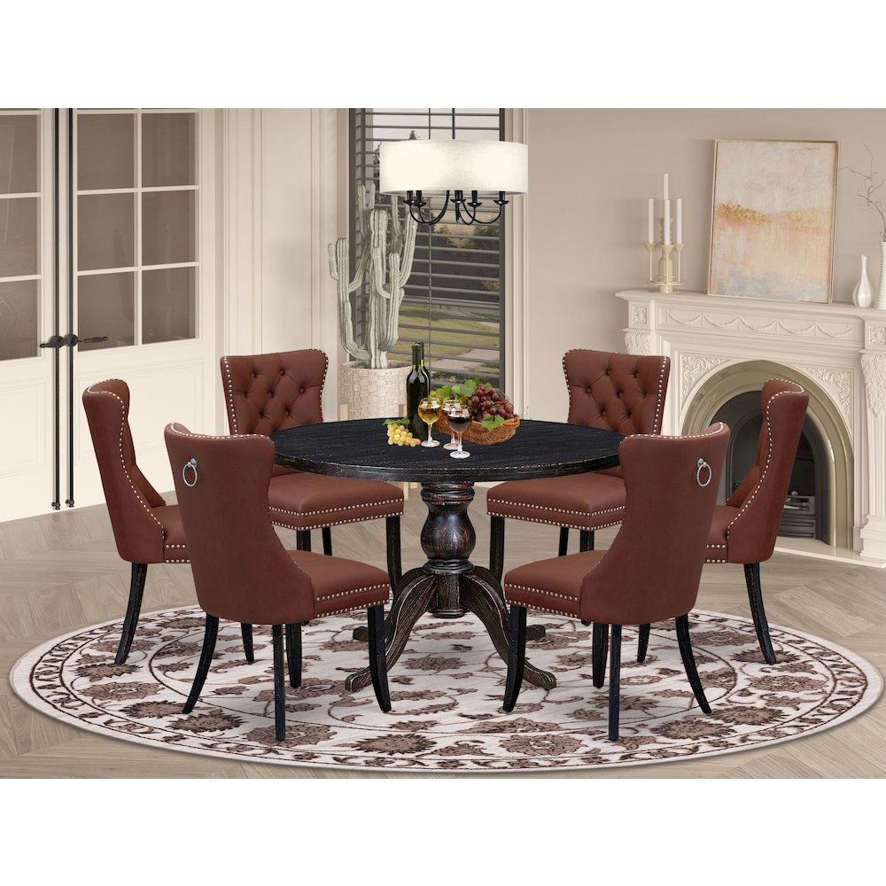 7 Piece Dining Table Set Consists Of 48" Round Table In Burgandy Color. Picture 2