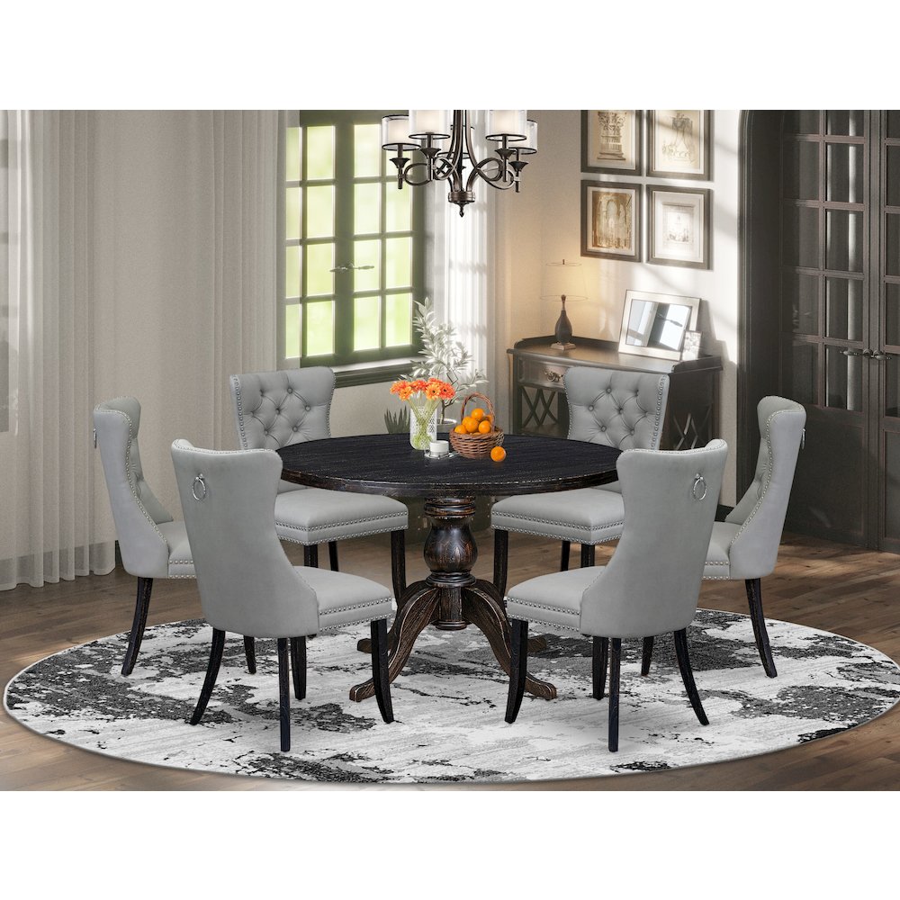 7 Piece Dining Table Set Consists Of 48" Round Table In Light Gray Color. Picture 2