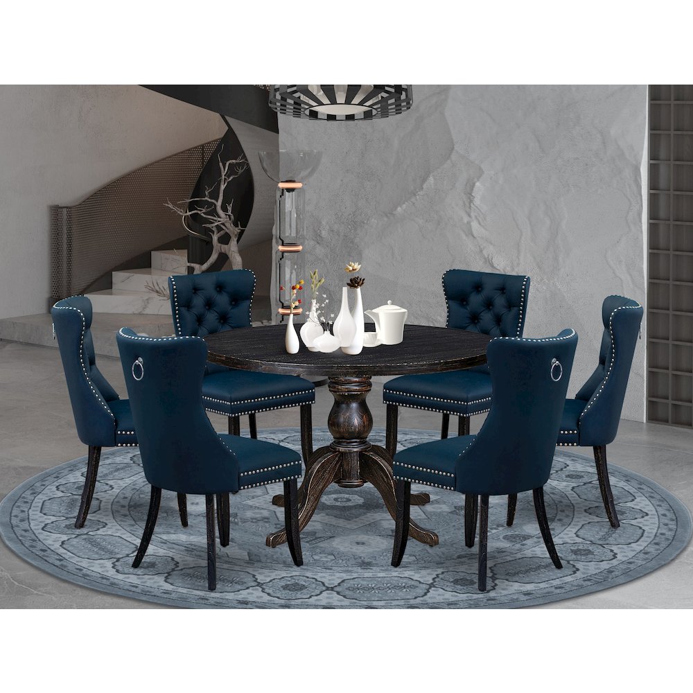 7 Piece Dining Table Set Consists Of 48" Round Table In Navy Blue Color. Picture 2