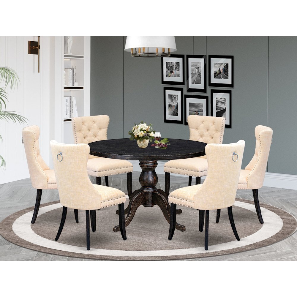 7-Pc Dining Set A Wood Table, 6 Light Beige Linen Fabric Upholstered Chairs. Picture 2