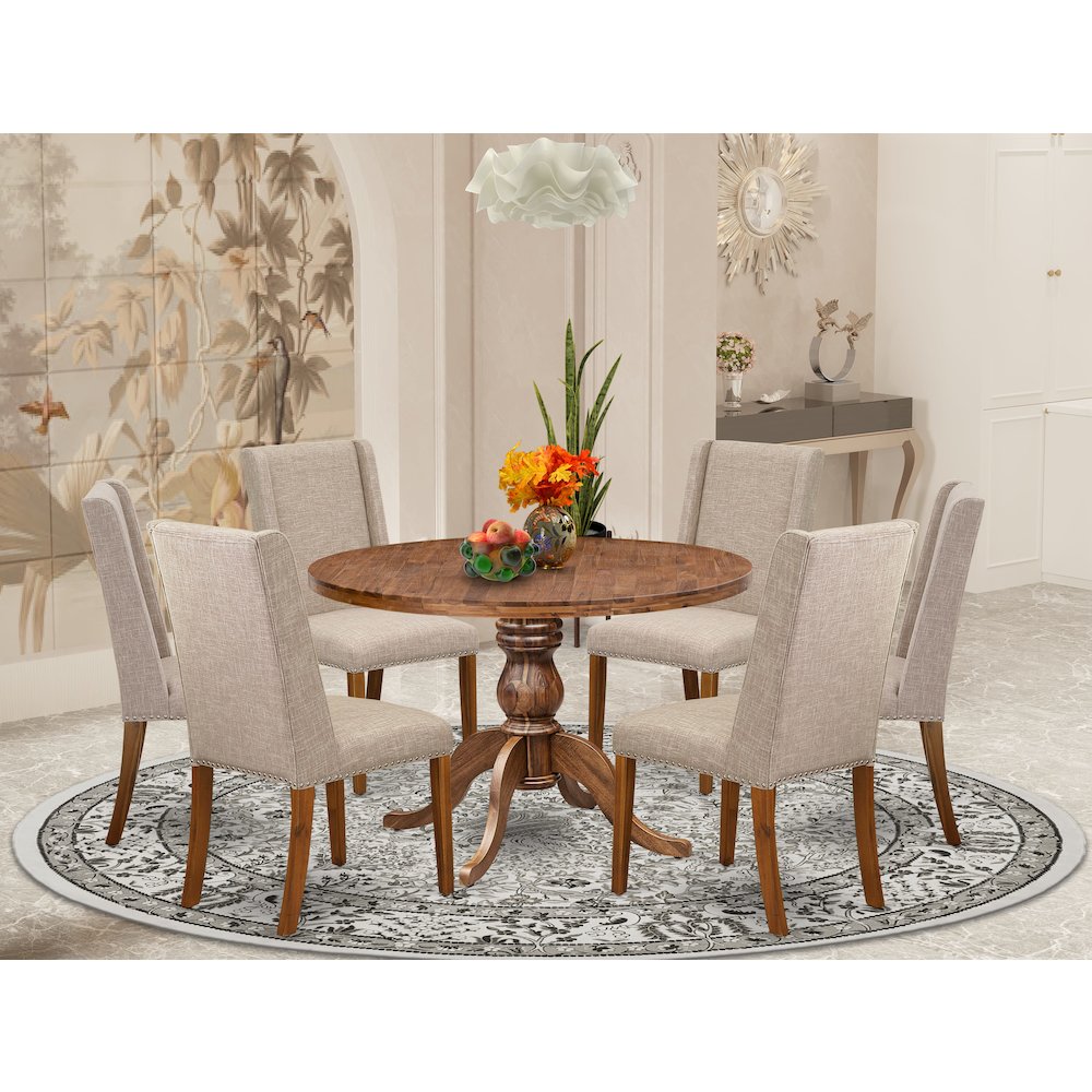 7-Piece Dining Table Set A Kitchen Table, 6 Light Tan Fabric Dining Room Chairs. Picture 2