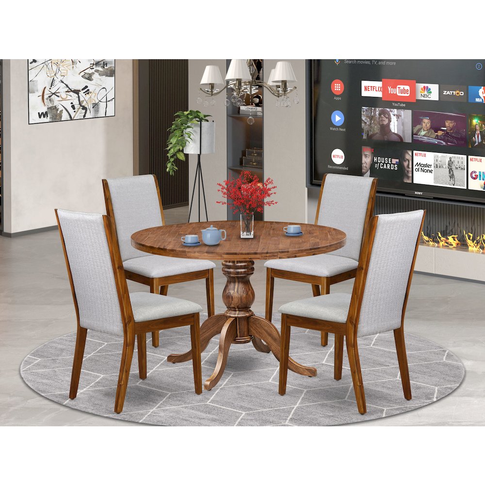 5-Pc Kitchen Table Set A Pedestal Dining Table, 4 Grey Fabric Dining Chairs. Picture 2