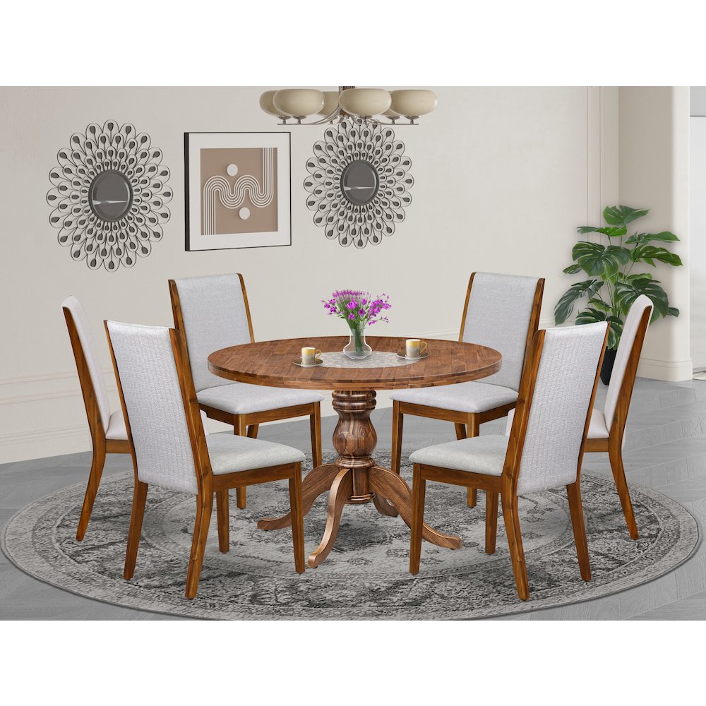 7-Pc Kitchen Set Of A Pedestal Round Table, 6 Grey Linen Fabric Chairs. Picture 2
