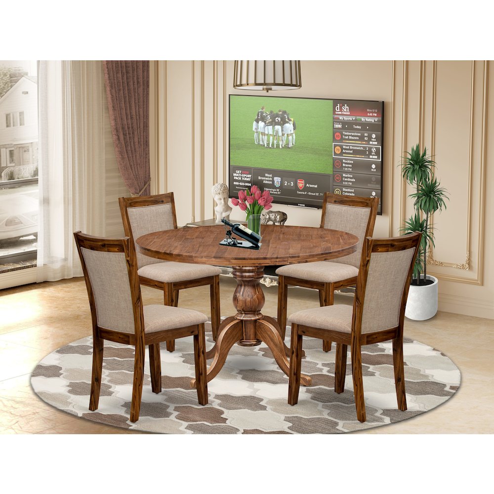 5-Pc Kitchen Table Set A Pedestal Wooden Table, 4 Light Tan Fabric Dining Chairs. Picture 2