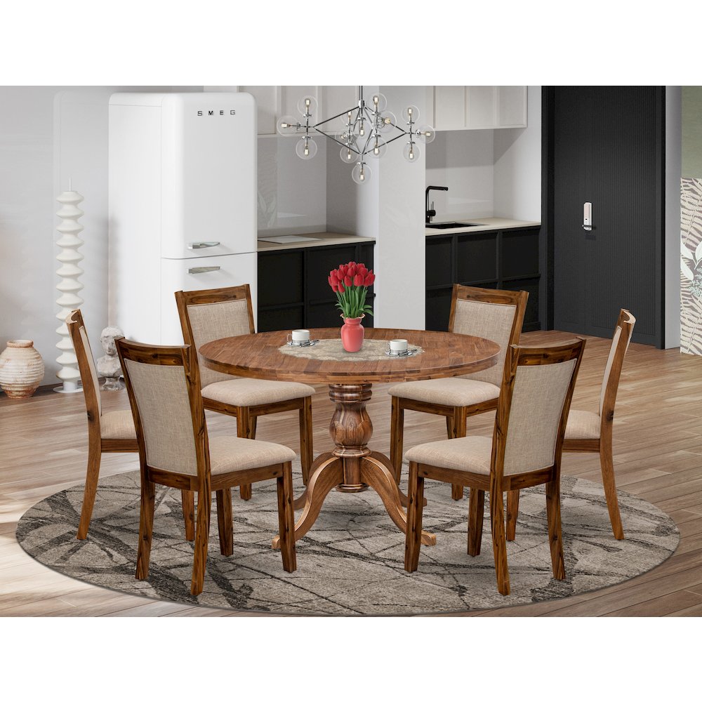 7-Pc Dining Set Of A Pedestal Round Table, 6 Light Tan Fabric Dining Chairs. Picture 2