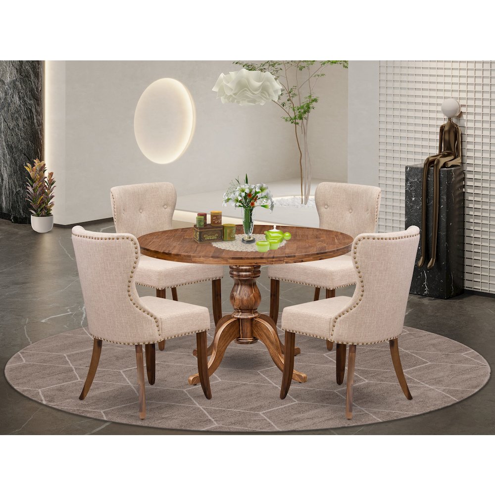 5 Piece Dining Set Consists Of 48" Round Kitchen Table In Light Tan Color. Picture 2