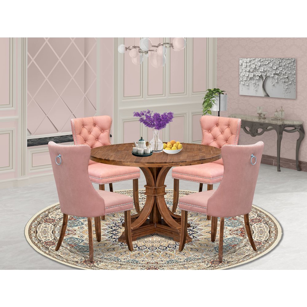 5-Pc Kitchen Dining Set Include A Wooden Table And 4 Beige Red Dining Chairs. Picture 2