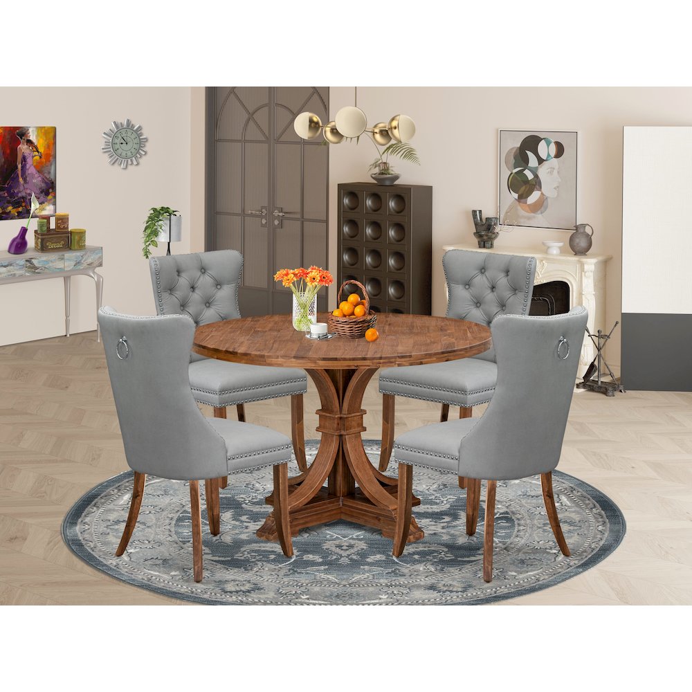 5-Pc Dining Room Set Include A Wooden Table And 4 Light Gray Upholstered Chairs. Picture 2
