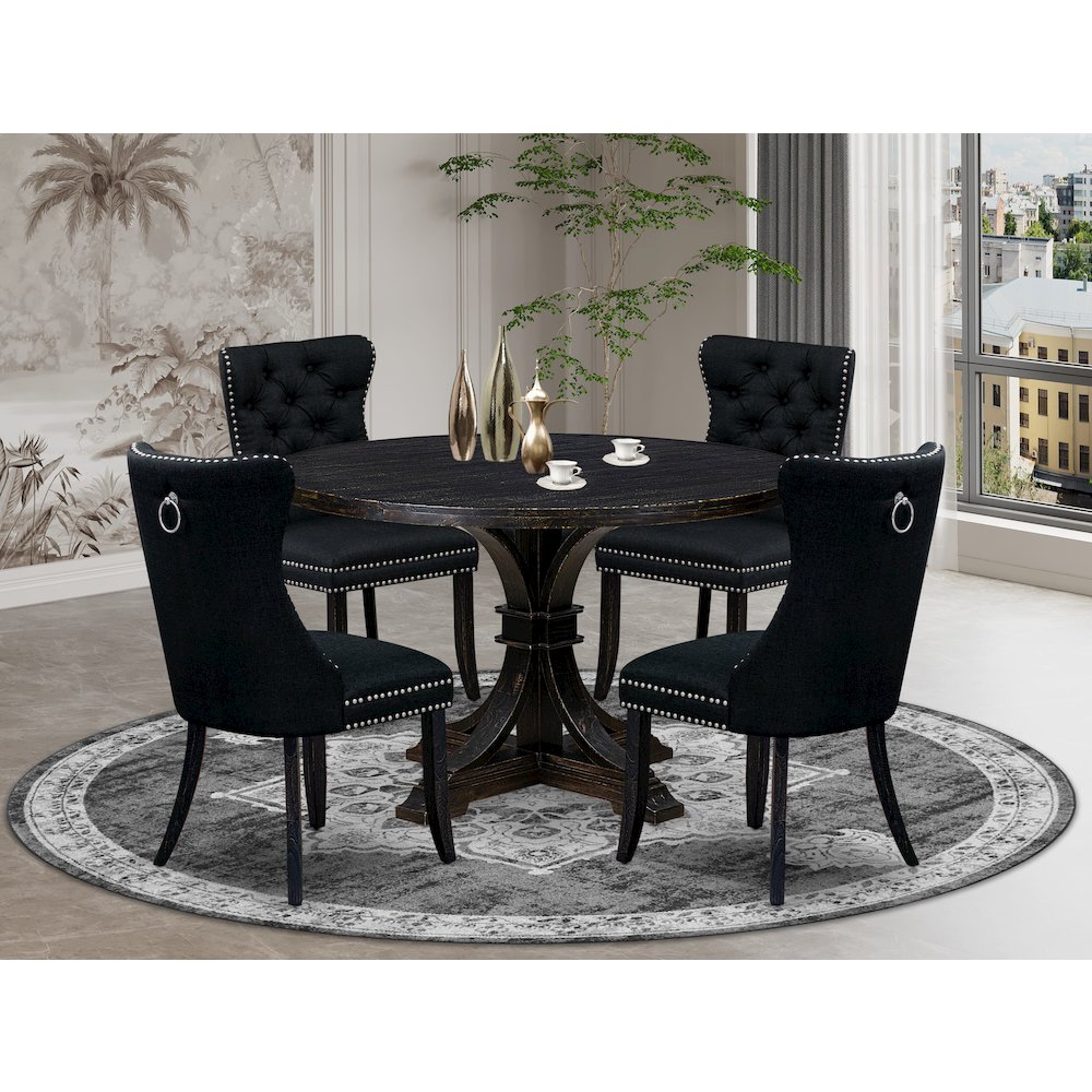 5-Pc Dining Room Set Of A Dinner Table, 4 Black Linen Fabric Kitchen Chair. Picture 2
