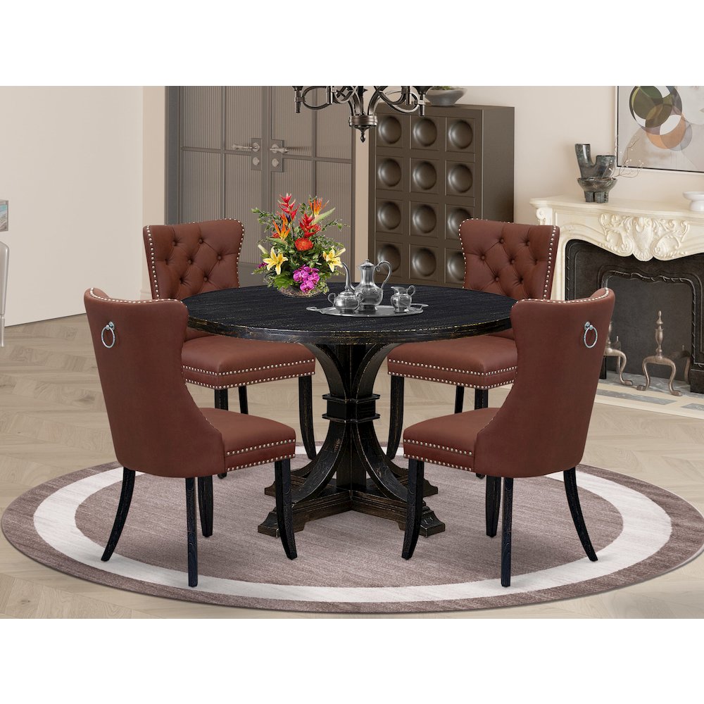5 Piece Dining Table Set Contains 48" Round Table In Burgandy Color. Picture 2