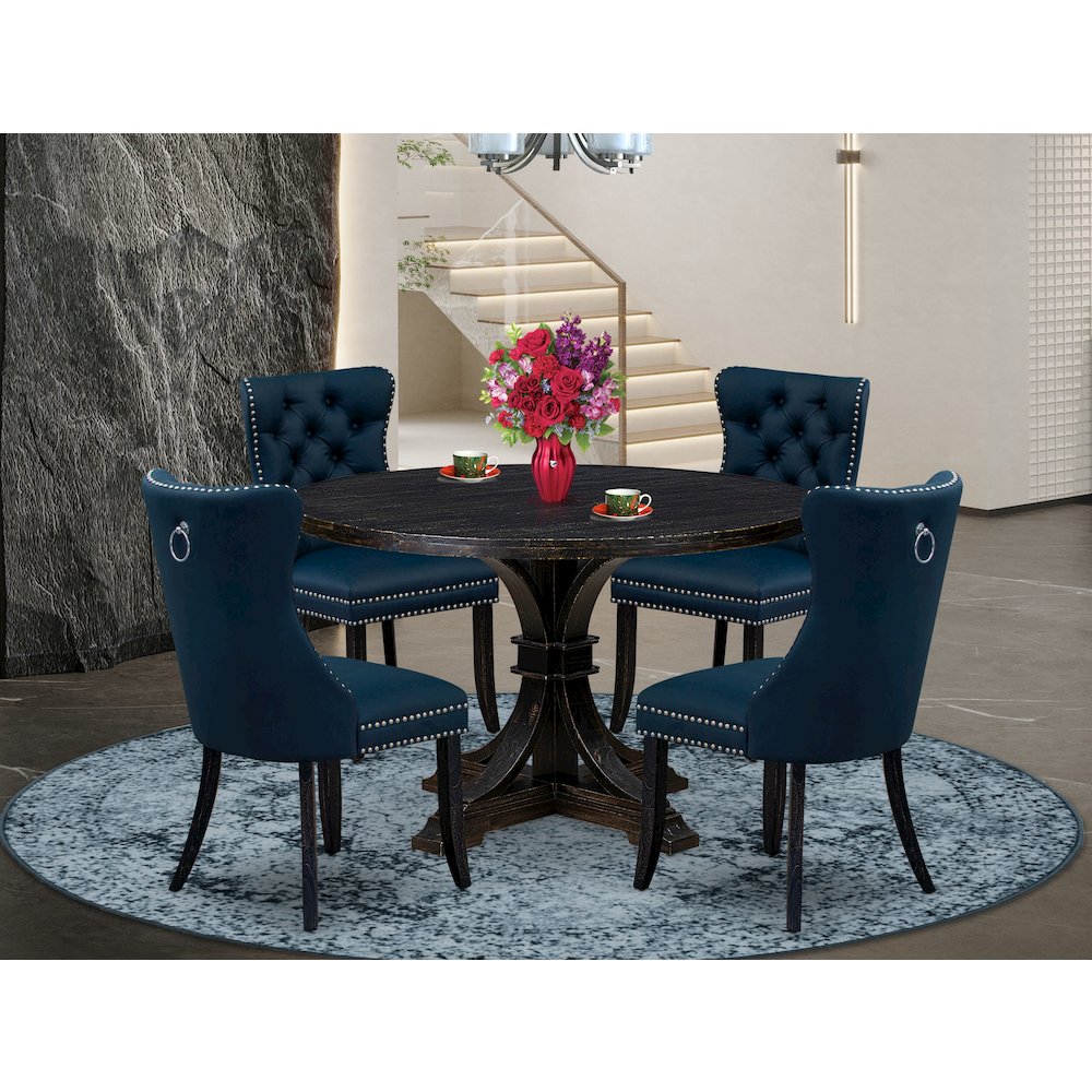 5 Piece Dining Table Set Contains 48" Round Table In Navy Blue Color. Picture 2