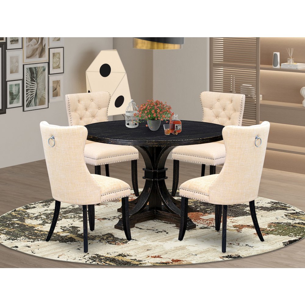 5-Pc Dining Table A Dining Table And 4 Light Beige Linen Fabric Dinner Chairs. Picture 2