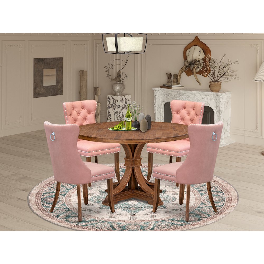5-Pc Dining Room Table Set Consist A Kitchen Table And 4 Beige Red Parson Chairs. Picture 2