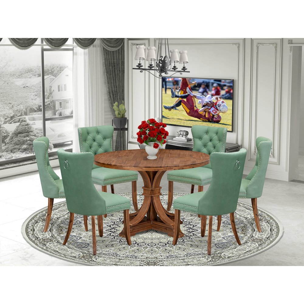 7-Pc Mid Century Set Consist A Dining Table, 6 Willow Green Upholstered Chairs. Picture 2
