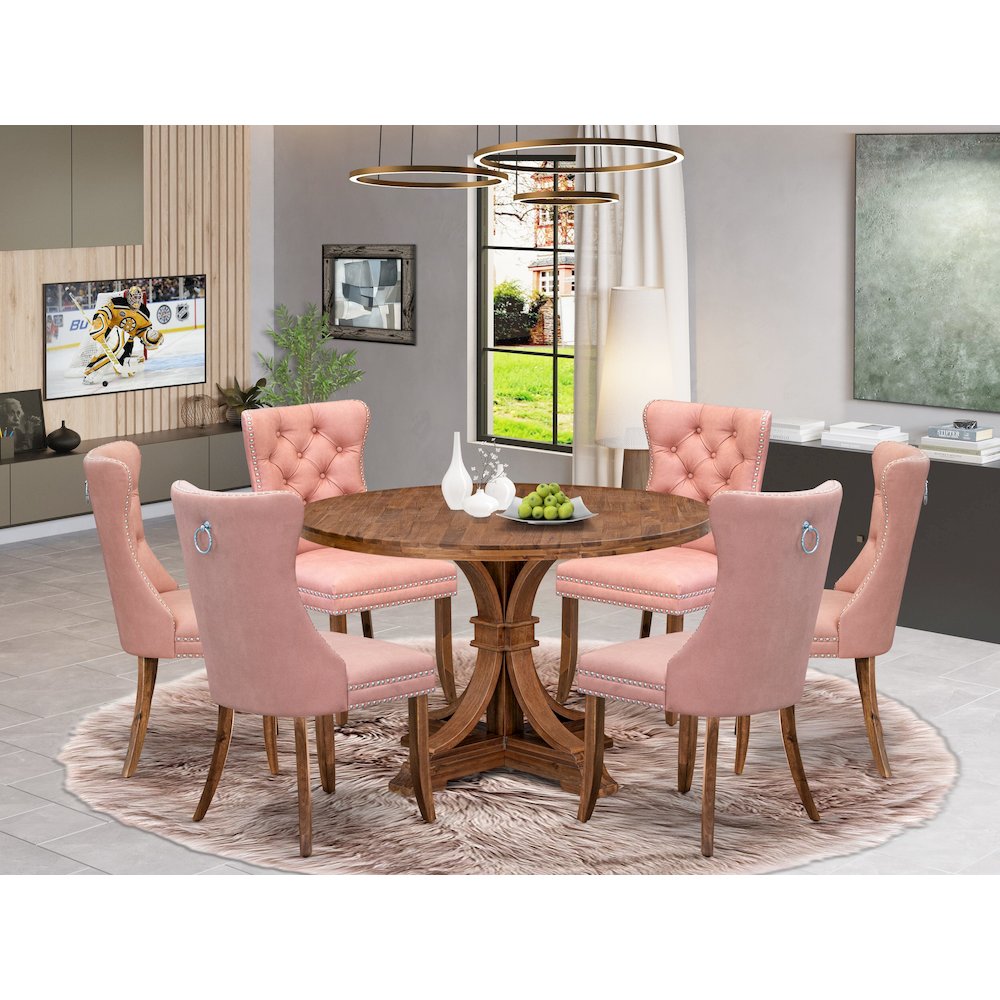 7-Pc Dining Table Set Consist A Dining Table And 6 Beige Red Parsons Chairs. Picture 2