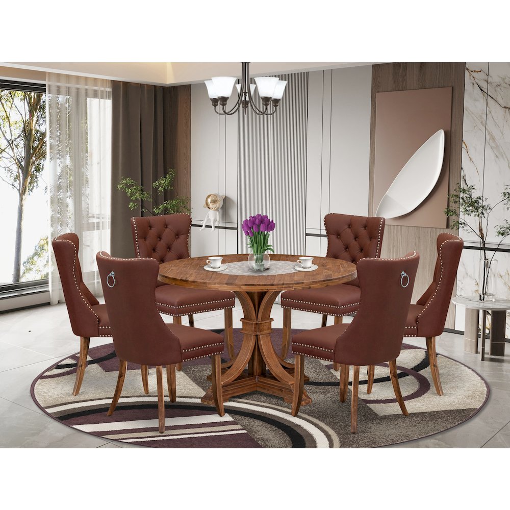 7-Pc Kitchen Table Set Consist A Mid Century Dining Table And 6 Burgundy Chairs. Picture 2