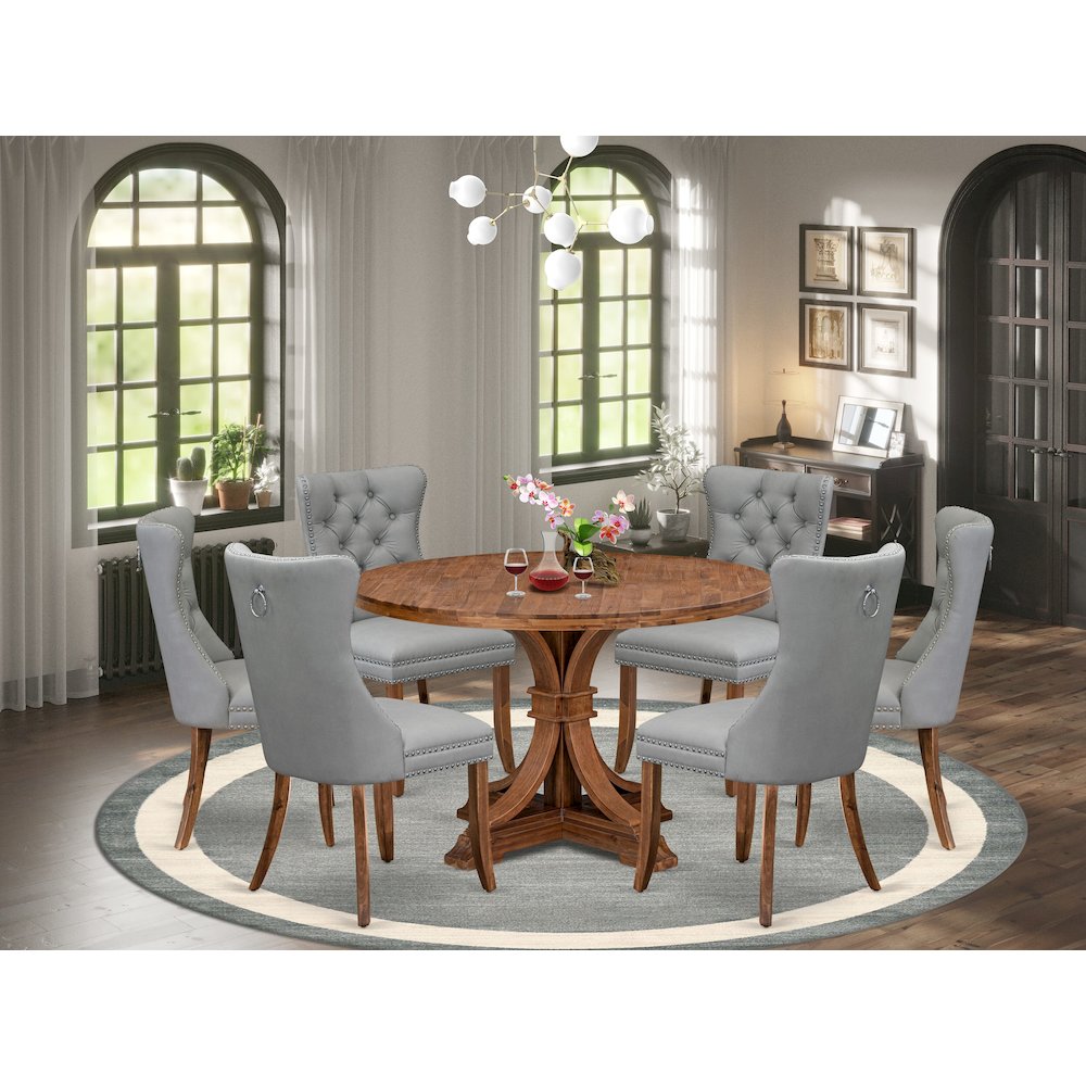 7-Pc Dining Table Set Consist A Mid Century Dining Table And 6 Light Gray Chairs. Picture 2
