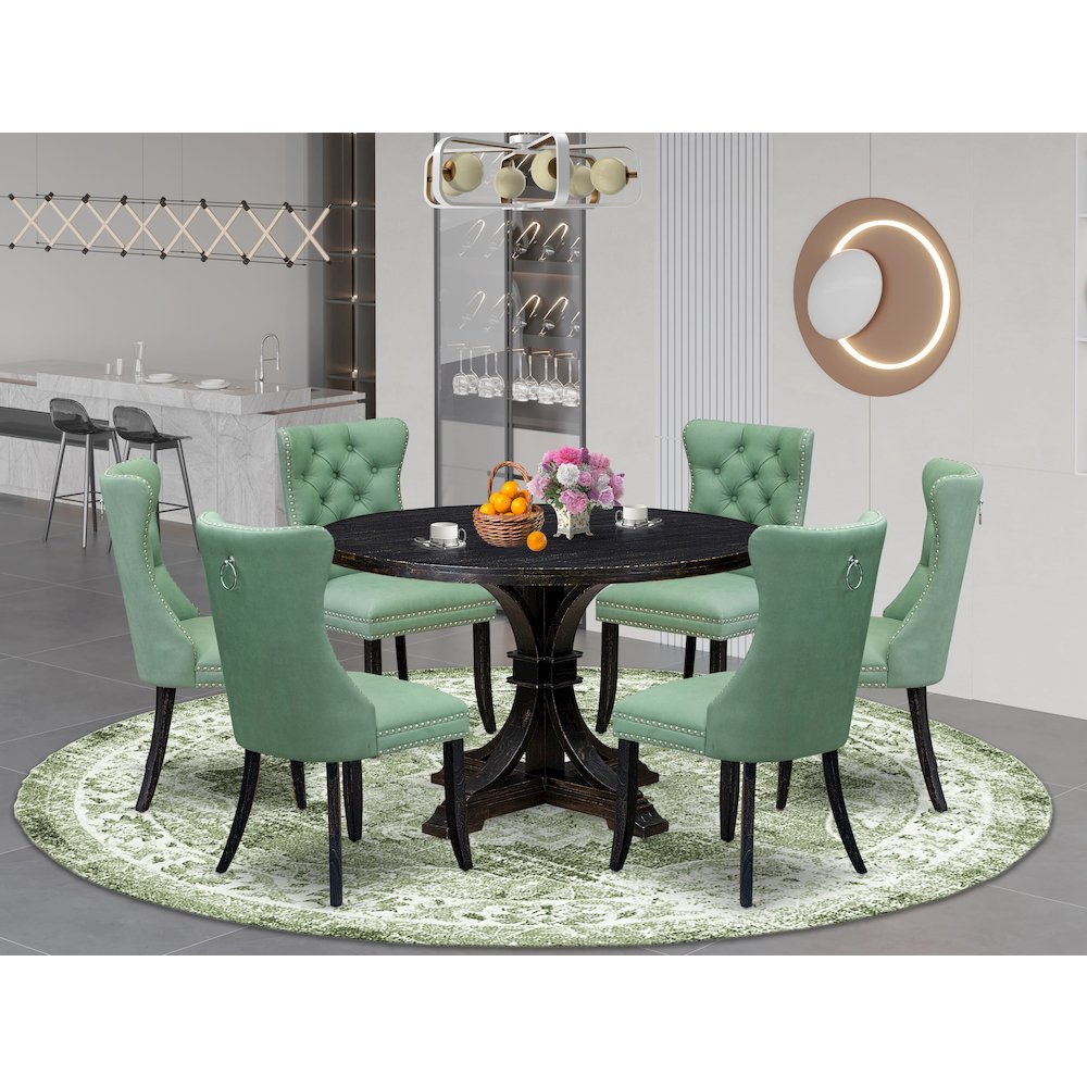 7 Piece Dinette Set Includes 48" Round Table In Willow Green Color. Picture 2