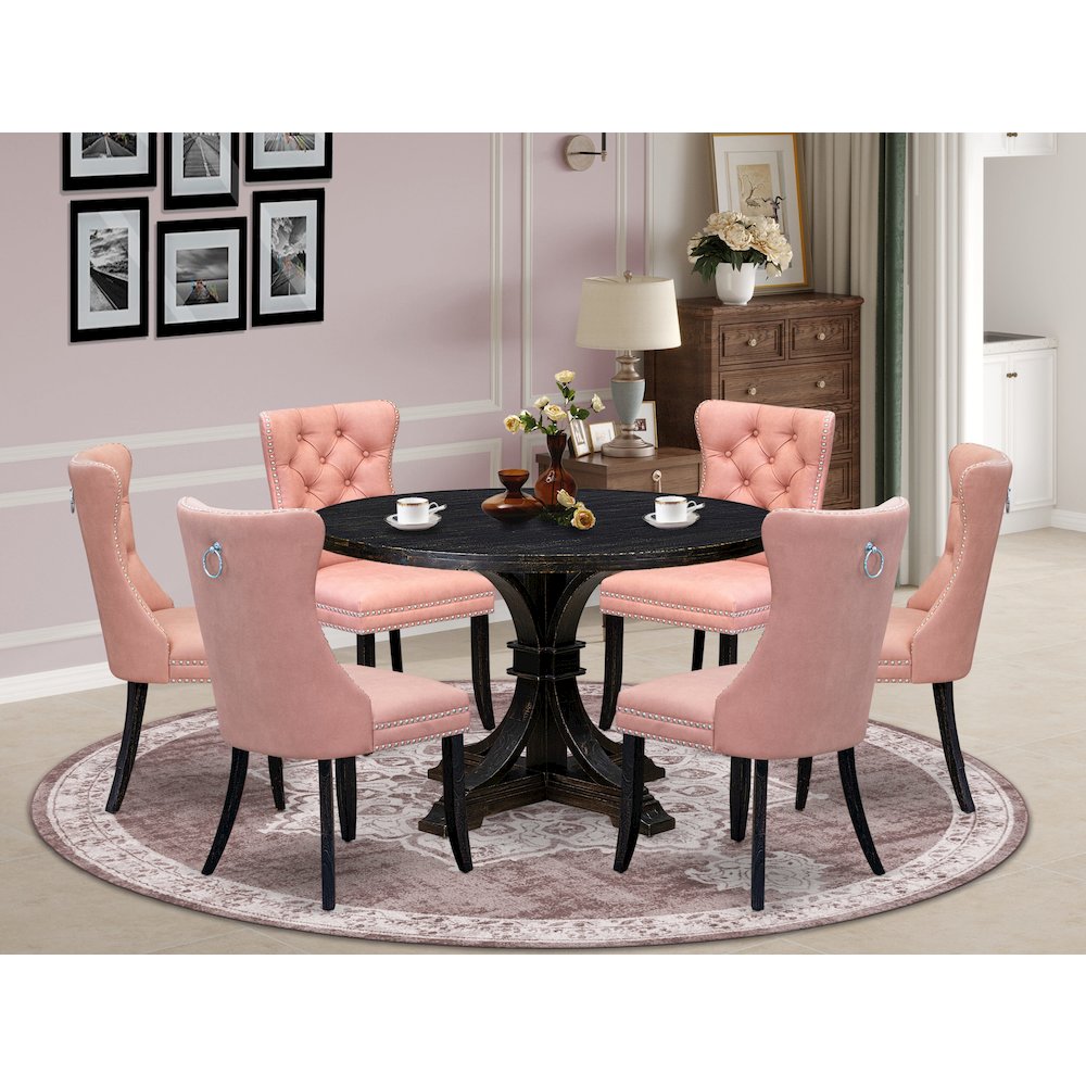 7 Piece Dining Set Includes 48" Round Kitchen Table In Beige Red Color. Picture 2