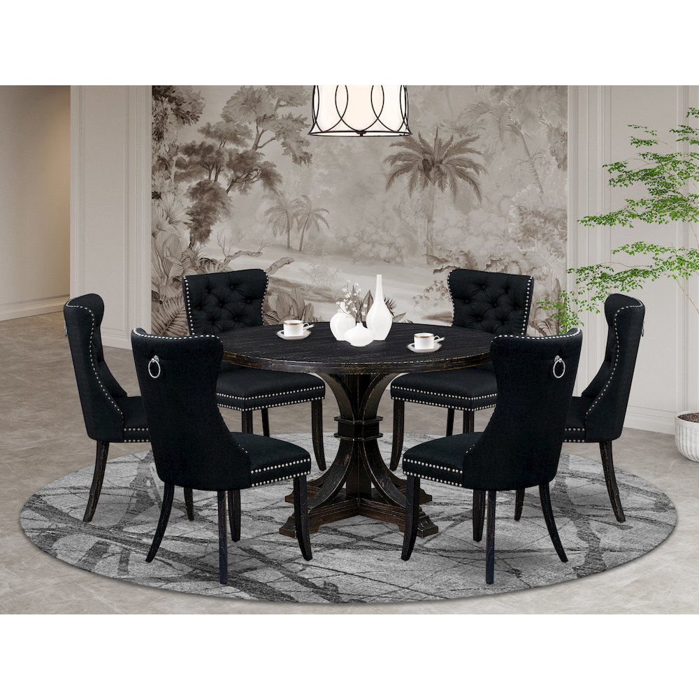 7-Piece Dining Table Set A Wood Table, 6 Black Linen Fabric Upholstered Chairs. Picture 2