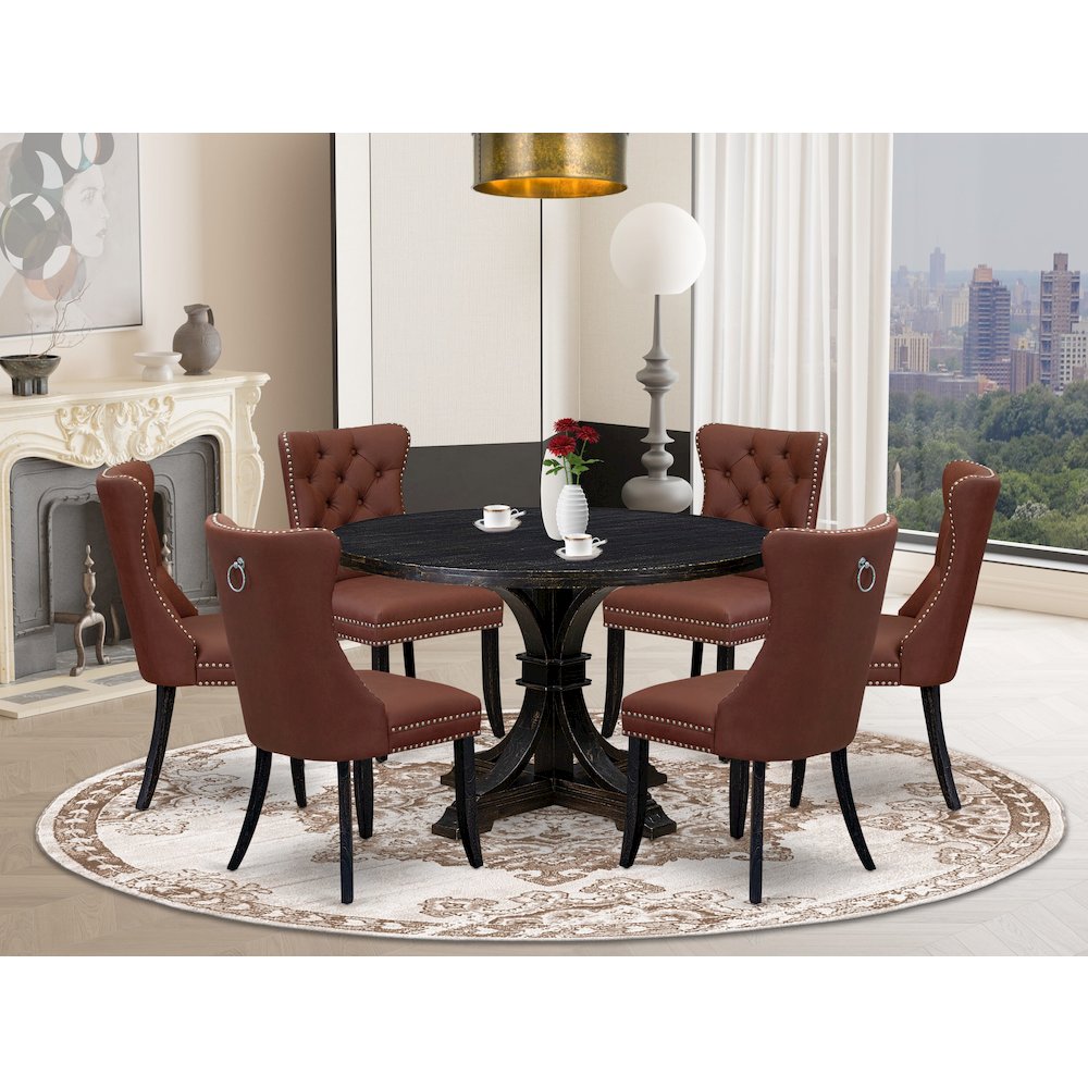 7 Piece Dining Table Set Includes 48" Round Table In Burgandy Color. Picture 2