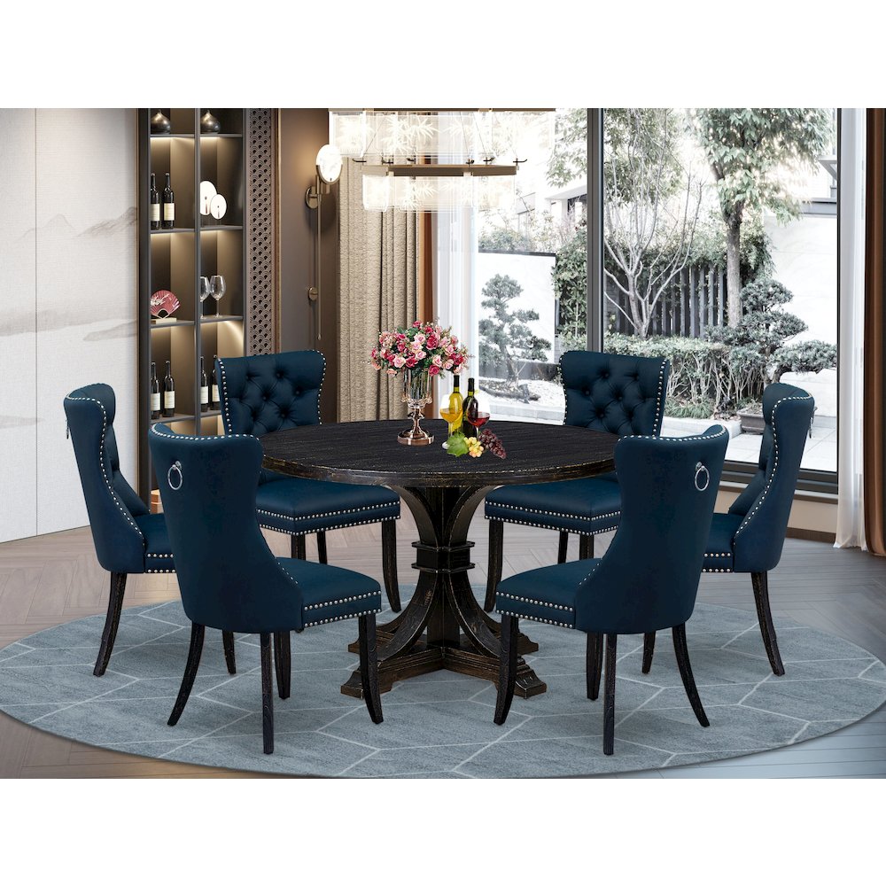 7 Piece Dining Table Set Includes 48" Round Table In Navy Blue Color. Picture 2
