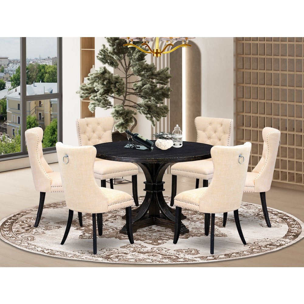 7-Pc Dining Set Of A Kitchen Table, 6 Light Beige Linen Fabric Modern Chair. Picture 2