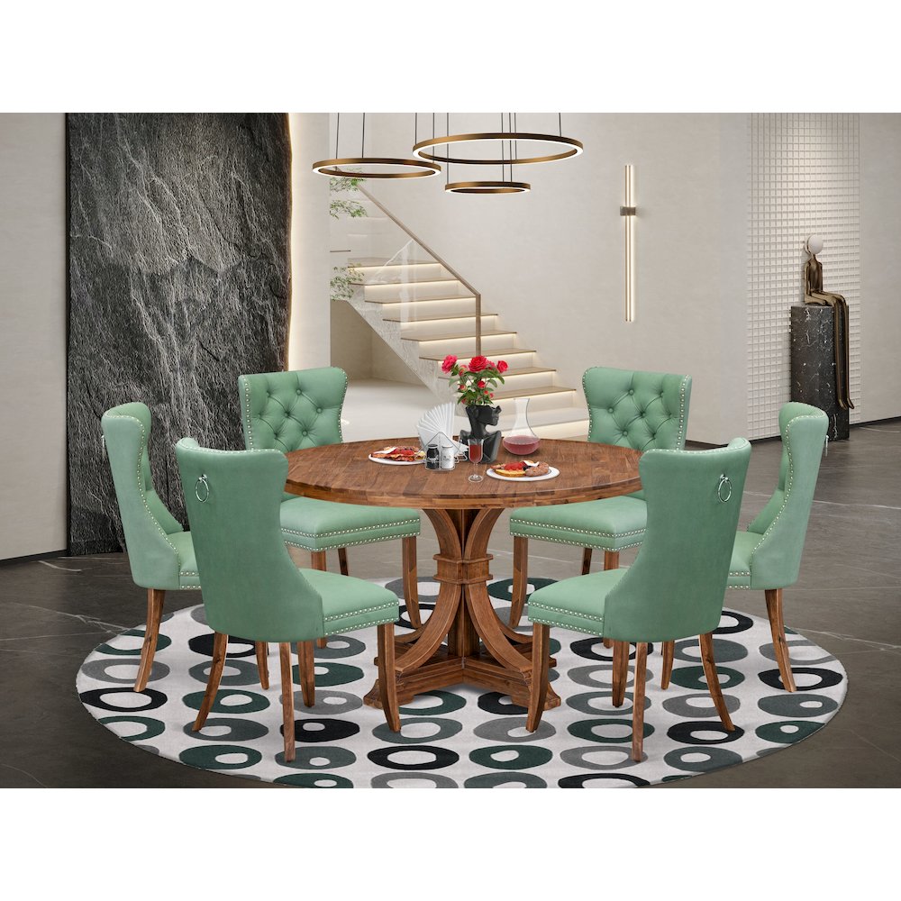 7-Pc Mid Century Table Set Contain A Dining Room Table And 6 Willow Green Chairs. Picture 2
