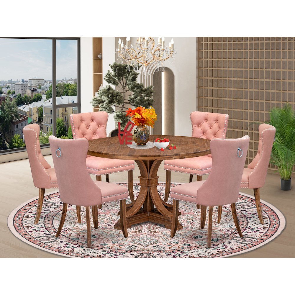 7-Pc Kitchen Table Set Contain A Dining Room Table And 6 Beige Red Dining Chairs. Picture 2
